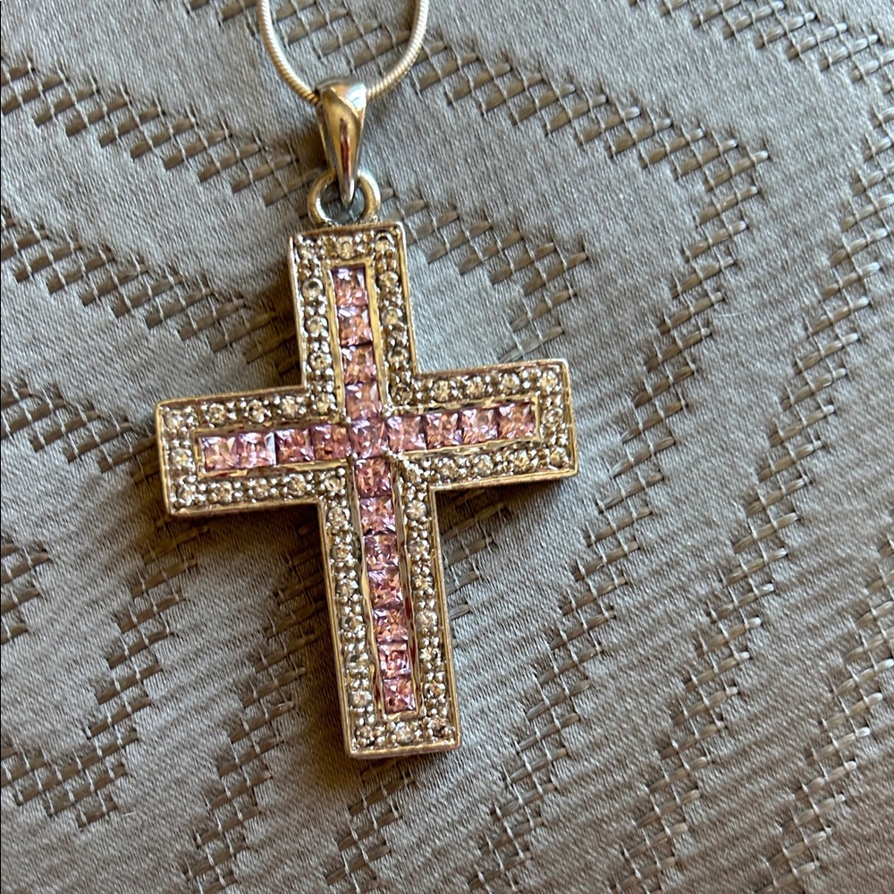 Vintage Pink and Silver Cross Necklace - Picture 3 of 17